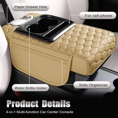 Priprilod Beige Car Center Console Armrest Pillow, Memory Foam with Cup Holder and Cell Phone Holder, Multifunctional Car Center Console Organizer, Universal Fit for Most Vehicles - color: Beige Tan
