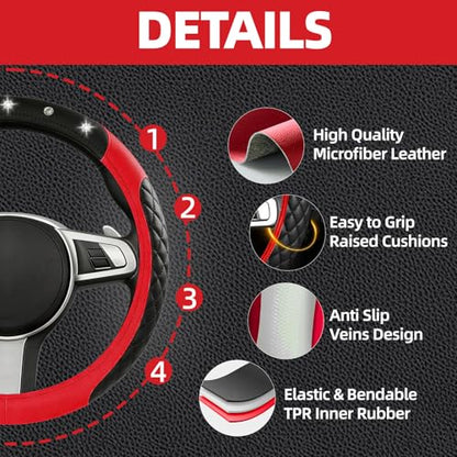 NBTEPEM 6 PCS Bling Car Accessories Set, Leather Steering Wheel Covers Universal 14.5-15 inch, Center Console Cover, Seat Belt Cushion, Cup Holder Coaster (Red) - color: Red