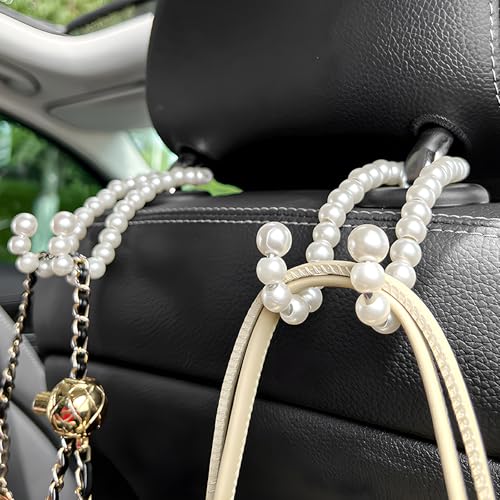 2PCS Elegant Pearl Car Seat Headrest Hook, Cute Vehicle Back Seat Hanger Purse Hook, Auto Interior Decor Strong Load-Bearing Headrest Hanger for Handbag Keys Grocery Bags