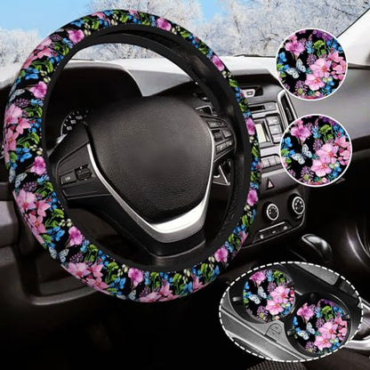 Beautiful Butterfly Steering Wheel Cover for Women Men with 2 Pcs Car Coasters, Universal 14.5-15 Inch Flowers Steering Wheel Covers Non-Slip Car Accessories for Girls - color: flower