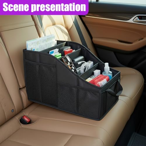 Car Seat Organizer, Collapsible Passenger Seat Organizer with 4 Compartments & 7 Mesh Pockets, Auto Front/back Seats Storage Box, Vehicle Travel Organize Accessory for Kids, Adults (Black)