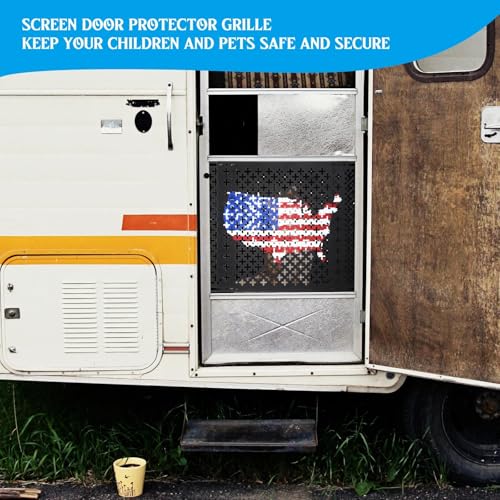 Gisafai 18 Inch High Adjustable RV Door Screen Protector Adjusts from 21''- 31.5'' Aluminum RV Entry Screen Door Grille Alloy Screen Door Grill Screen Defender for RV Door, Black - size: 18 Inch High, style: Flag