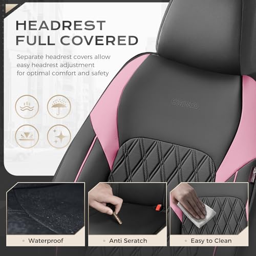 Coverado Leather Seat Covers, Waterproof Car Seat Covers Front Seats, Luxury Front Car Seat Covers Faux Leather Car Seat Protector, Automotive Car Seat Covers Universal Fit Most Cars Truck, Black&Pink - color: Black&Pink, size: Front