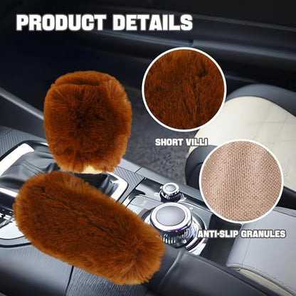 Hovom 2PCS Fluffy Car Gear Shift Knob Cover & Handbrake Cover, Soft Plush Hand Brake Handle & Gear Shift Cover for Women Girls, Universal Comfortable Warm Furry Car Accessories (Brown) - color: Brown