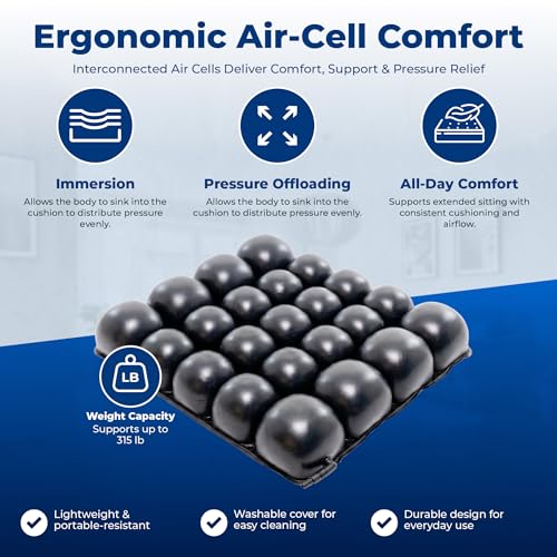 Roho Mosaic Seat Cushion 18” x 16” Inflatable Air Cell Design, Adjustable Firmness, Non-Skid Cover, Lightweight Portable Cushion for Wheelchair, Office Chair, Car & Home - size: 18" x 16"