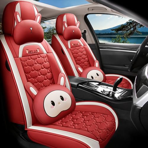 INZU Cute Cartoon Rabbit Comfortable Car Seat Covers with Waterproof PU Leather Suitable for Most 5 Seats Cars SUV and Pick-up Truck Universal Fit Set (Wine) - color: Wine