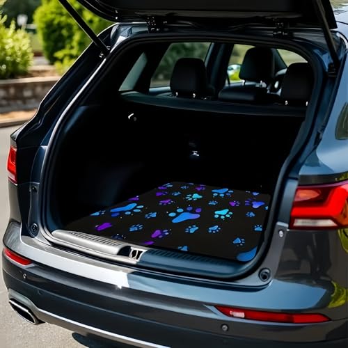 Universal Car Trunk Mat 29" x 39", Blue-Purple Footprints All Weather Trunk Protection Cargo Liner,Durable Cargo Mat Rear Trunk Liner, Stylish Vehicle Interior Accessories Suitable for Most Car Models - color: Blue-Purple Footprints