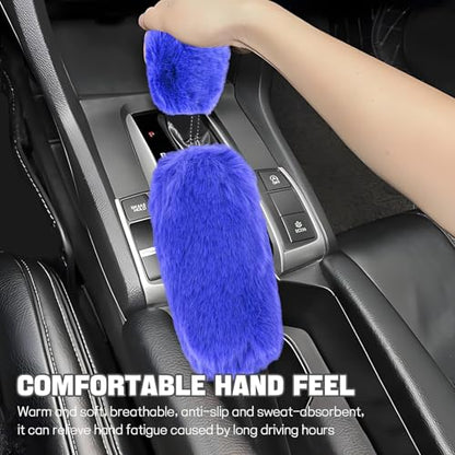 Hovom 2PCS Fluffy Car Gear Shift Knob Cover & Handbrake Cover, Soft Plush Hand Brake Handle & Gear Shift Cover for Women Girls, Universal Comfortable Warm Furry Car Accessories (Royal Blue) - color: Royal Blue