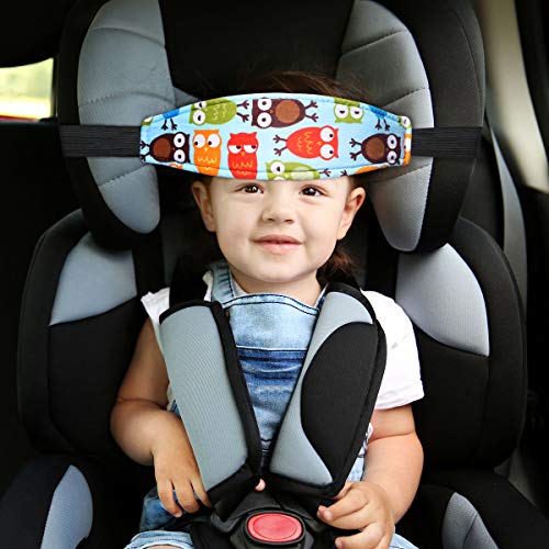 Baby Carseat Head Support,Car seat Straps Pillow Support Ban,Stroller Neck Relief Strap Headrest,Slumber Sling Sleep Positioner for Toddler Infants Child Children Kids（Blue Elephant + Owl） - color: Blue