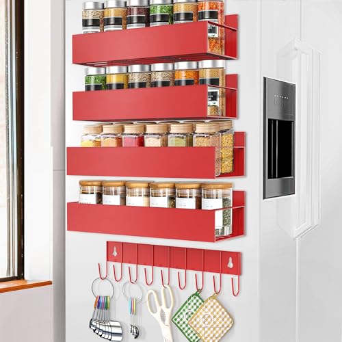 Magnetic Spice Rack Organizer for Fridge Seasoning Organizer for Kitchen storage with Screw Magnetic Shelf with Hook for Refrigerator and Oven (4pack1hook-Red) - color: 4pack1hook-Red