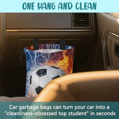 Car Garbage Bag Soccer Ball with Water and Fire Drawstring Car Trash Bag Hanging for Back Seat with Adjustable Buckle Canvas Vehicle Trash Can Easy-to-Install - color: Soccer Ball with Water and Fire