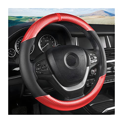 Moly Magnolia Steering Wheel Cover, Carbon Fiber Breathable Microfiber Leather with Non-Slip Lining, Cool in Summer Warm in Winter for Men Women, Universal 15 Inch for Most Cars (Carbon Fiber Red) - color: Carbon Fiber Red