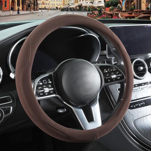 Brown Suede Steering Wheel Cover, Breathable Non-Slip Sweat-Proof Wear-Resistant No Pilling, Warm in Winter and Cool in Summer, Universal 15 inch - color: Brown, size: Round-M[14.5''-15'']