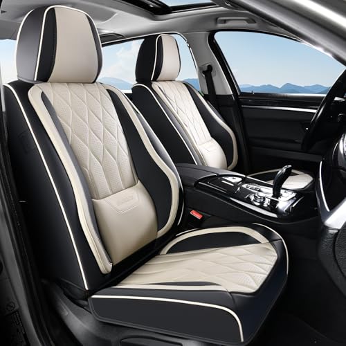 Leather Seat Cover Front Seats Automotive Car Seat Covers Front Seat Cover Waterproof Car Seat Protector with Lumbar Support 2 Pack Universal Fit for Most Cars Sedans Trucks SUV, Black&Beige - color: Black&Beige, size: FrontPair