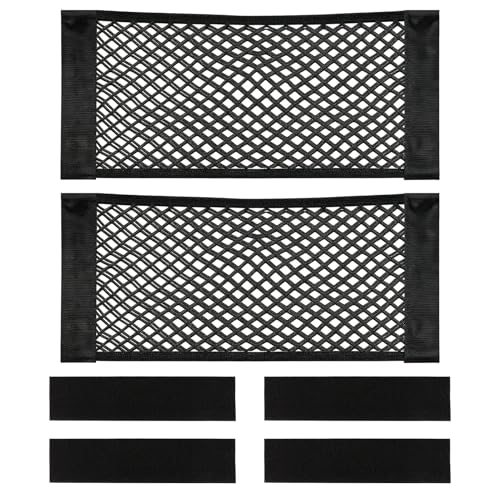 2 Pcs Universal Mesh Storage Pocket Bag, 9.8" x 23.6" Elastic Cargo Net Organizer with Hook & Loop Tape for Car SUV RV Camper and Home, High Capacity Wall Sticker Pouch for Trunk and Travel Storage
