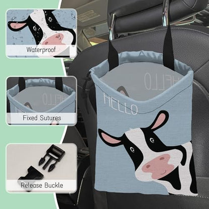 Cute Cow Car Garbage Bag,Waterproof Small Car Trash Bag Hanging Back of Seat,Drawstring Hanging Car Trash Bag with Adjustable Buckle for Car Accessories - color: Cute Cow