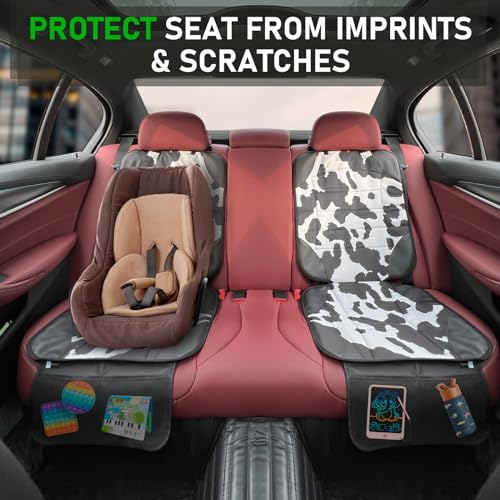 Car Seat Protector for Child Car Seat,Waterproof Car Seat Cover with Thick Padding, Non-Slip Backing, Protects Fabric & Leather Seats, 2 Mesh Storage Pockets(Cow Print)