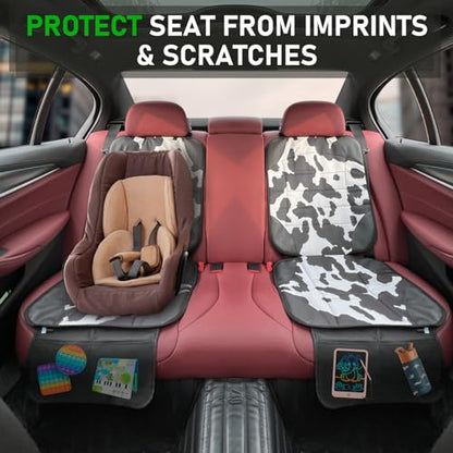 Car Seat Protector for Child Car Seat,Waterproof Car Seat Cover with Thick Padding, Non-Slip Backing, Protects Fabric & Leather Seats, 2 Mesh Storage Pockets(Cow Print)