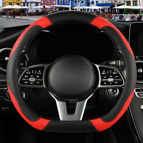 Microfiber Leather D Shaped Steering Wheel Cover, Breathable, Anti Slip, 13.5 inch to 14 inch, Black with Red - color: Black Red, size: D Shape-Small[13.5''-14'']