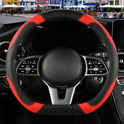 Microfiber Leather D Shaped Steering Wheel Cover, Breathable, Anti Slip, 13.5 inch to 14 inch, Black with Red - color: Black Red, size: D Shape-Small[13.5''-14'']