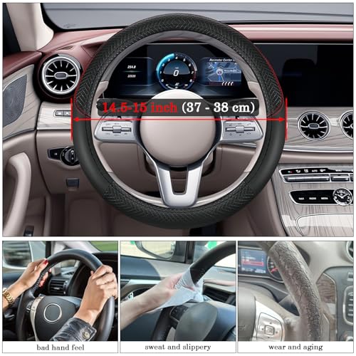 Black Car Steering Wheel Cover, Microfiber, Leather Patchwork, Universal 14.5-15 Inch Leather Anti-Slip Breathable Auto Steering Wheel Covers for Men Women - color: Black