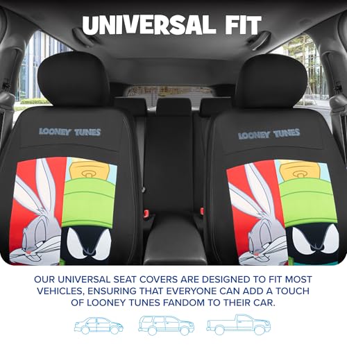Looney Tunes Car Seat Covers – 2-Piece Front Seat Covers Featuring Bugs Bunny, Marvin the Martian, Taz & Daffy Duck – Universal Fit for Cars Trucks SUV Seat Covers for Car Cute Cartoon Car Accessories - size: 2 Front, style: Looney Tunes