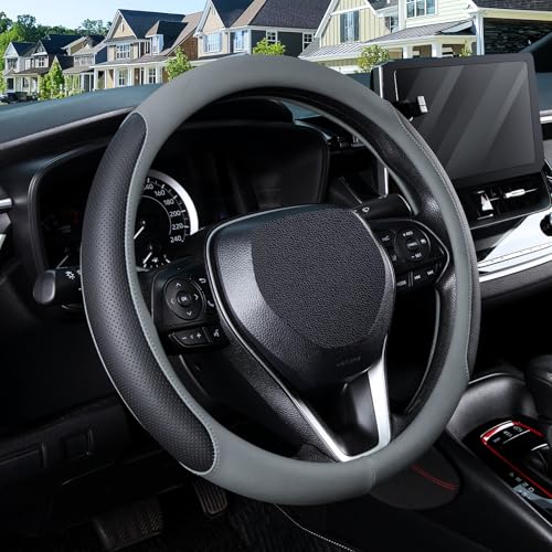 SEG Direct Steering Wheel Cover for 14.5-15 inch Wheels, Breathable PU Leather with Perforated Sides, Anti-Slip Grip, Universal Fit for Cars & SUVs, Black and Gray - color: Black & Gray, size: O-shaped