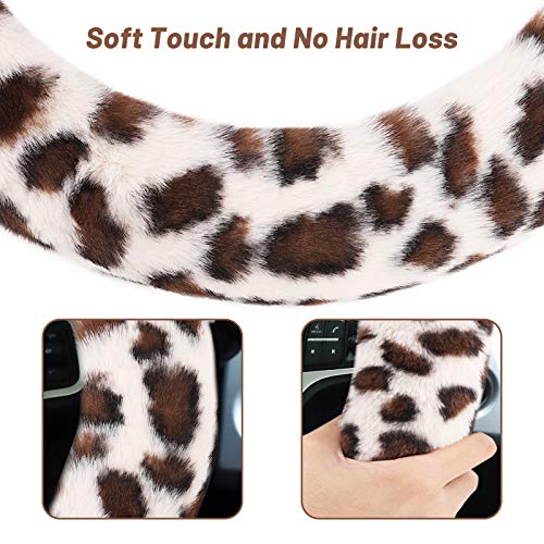 Fuzzy Steering Wheel Cover for Women Girls, Accmor Universal Fit 15 inch Fur Car Wheel Cover & Handbrake Cover & Gear Shift Cover Set, Fashion Leopard Winter Warm Fluffy Vehicle Wheel Protector - color: Beige/Dark Brown Leopard
