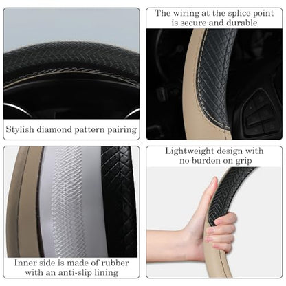Black & Beige Car Steering Wheel Cover, Microfiber, Leather Patchwork, Universal 14.5-15 Inch Leather Anti-Slip Breathable Auto Steering Wheel Covers for Men Women - color: Black & Beige