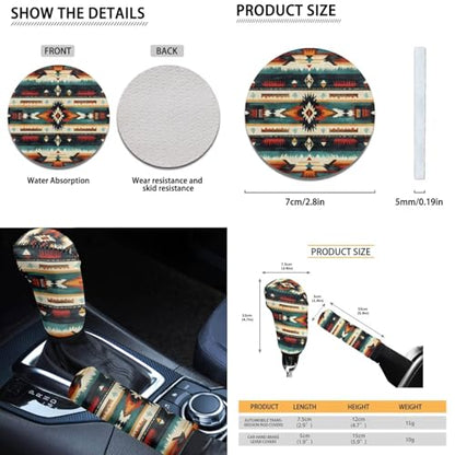 Dreaweet Aztec Car Seat Covers Full Set,Native American Geometric Car Deocr Set of 12,Universal Steering Wheel Cover with Center Console Cover,Cup Coasters,Seatbelt Covers,Gear Shift Handbrake Cover - color: Aztec Geometric