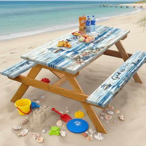 Nautical Lighthouse Beach Picnic Table Cover with Bench Covers Waterproof Windproof Elastic Fitted Outdoor Camping RV Tablecloths with Drawstring Bag Reusable Rectangle Tables and Seats Cover 30X96IN - color: Blue, size: 30" x 96" (Rectangular)