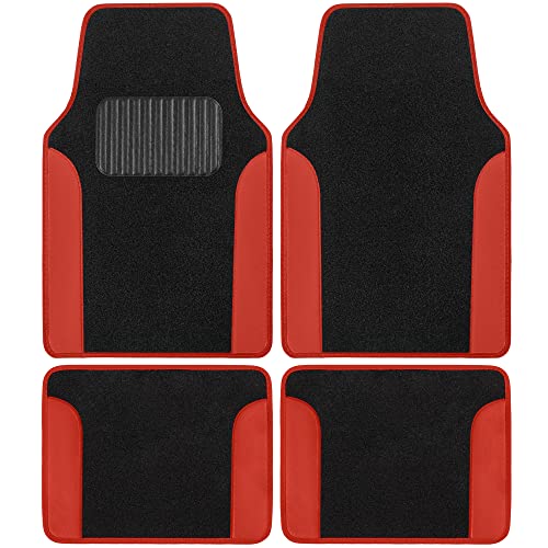 PU Leather Car Seat Covers w/Two-Tone Carpet/Vinyl Trim Car Floor Mats – Front and Back Split Bench Seat Covers, Steering Wheel Cover, Floor Mats (Black/Red) - color: Red