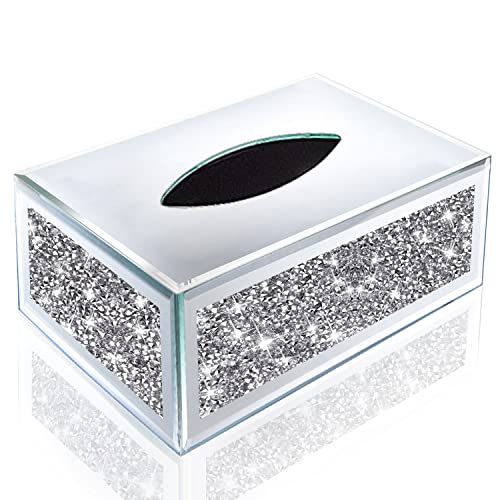 Wocred Rectangular Mirrored Tissue Box Cover,Crystal Crushed Diamond Tissue Box,Silver Luxury Tissue Holders for Either Tissues in a Bathroom or Napkins on a Table.(10”x5.7”x4”) - color: Silver