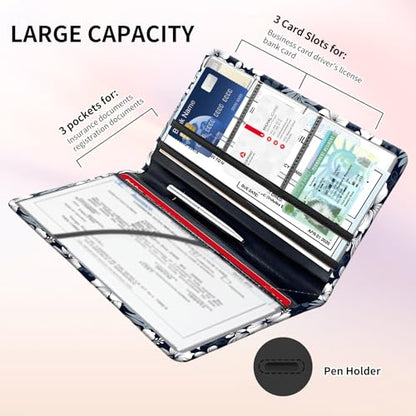 Premium Car Registration and Insurance Card Holder, Cute PU Leather Car Document Holder, Vehicle Glove Box Car Organizer with Magnetic Closure for Driver License, Cards Navy Tropical Hibiscus - color: Navy Tropical Hibiscus