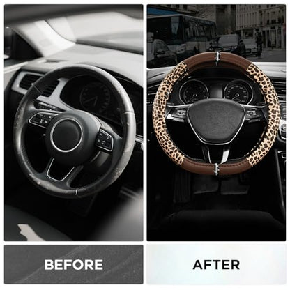 Road Comforts Leopard Steering Wheel Cover for Women, Cute Anti-Slip Microfiber Leather, Fits D Shape Flat Bottom Steering Wheel 14.5-15 Inch - Brown - color: D Shape-Brown