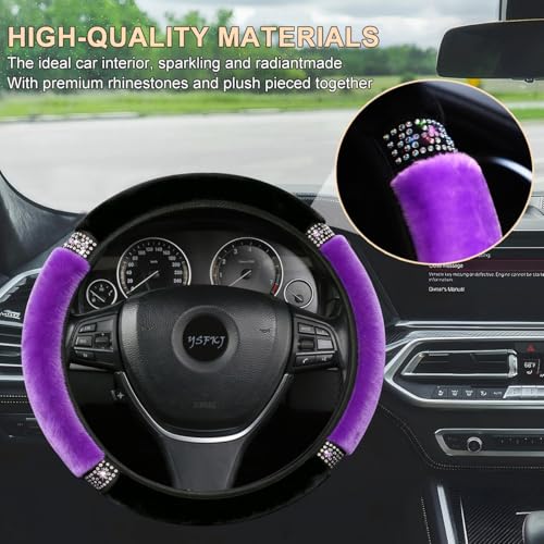 Fluffy Steering Wheel Cover, Universal 15 Inch Colorful Rhinestones Car Steering Wheel Cover, Sparkly Crystal Diamond Steering Wheel Protector for Women Girls,Purple - color: Purple