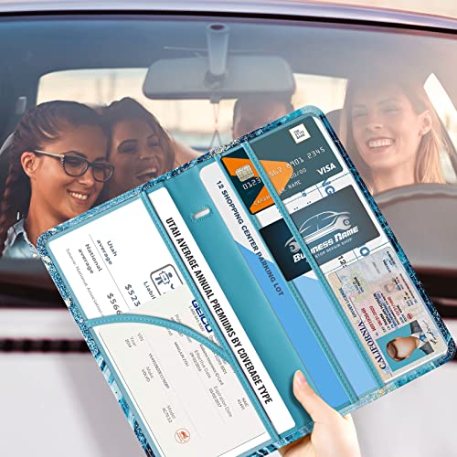 CoBak Car Registration and Insurance Holder - Vehicle Glove Box Car Organizer,Auto Truck Comparment Accessories Case with Magnetic Closure for Driver License,Cards - color: L-Teal&Gold Marble