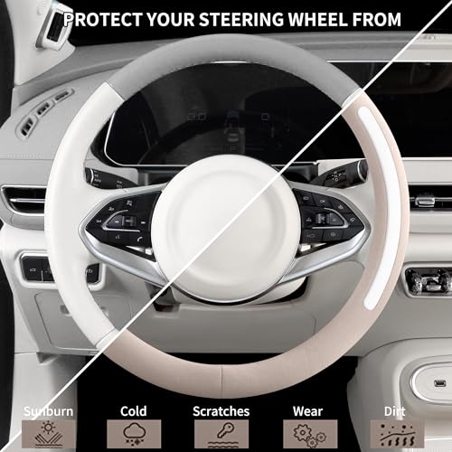 Steering Wheel Cover, Universal 15 inch, Faux Leather Steering Wheel Protector Anti-Slip, Breathable & Heating-Compatible for Cars Trucks SUVs Vans - color: Beige