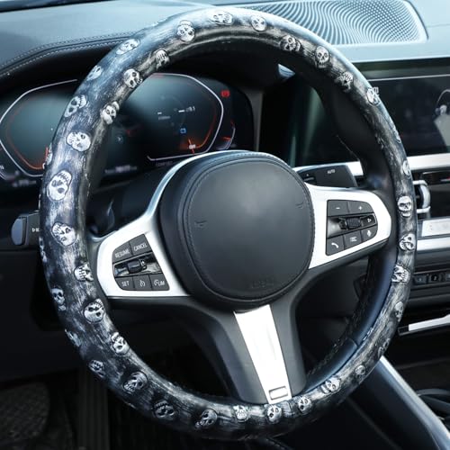 Embossed Skull Steering Wheel Cover, Skull Car Accessory, Microfiber Leather with Anti-Slip Lining, Fits 14.5"-15" Steering Wheels - color: Black silver