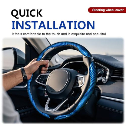 3pcs Universal Carbon Fiber Steering Wheel Cover - Anti-Slip & Segmented Design, Universal 99% Durable Steering Wheel Protector for Men and Women, Car Interior Accessory (Blue)