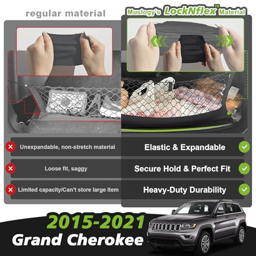 Truck Bed Cargo Net Trunk Netting Compatible with 2015-2021 Jeep Grand Cherokee (WK2 ONLY) Accessories, Pickup Cargo Organizer SUV Sedan Storage Net w/Heavy Duty Carabiners - style: 2015-2021 Grand Cherokee (WK2)
