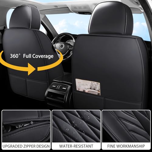 WELLDO Nappa Faux Leather Car Seat Covers Full Set, Waterproof Non-Slip Seat Protector, 0.28in Thickened Cushion, Airbag Compatible Universal Seat Covers for Cars SUV Truck Pickup, Black