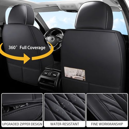 WELLDO Nappa Faux Leather Car Seat Covers Full Set, Waterproof Non-Slip Seat Protector, 0.28in Thickened Cushion, Airbag Compatible Universal Seat Covers for Cars SUV Truck Pickup, Black
