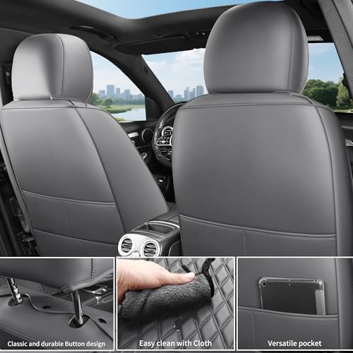 Gray Leather Car Seat Covers Full Set,High-Density Contoured Nappa Leather Universal Precision Fit Seat Cover Solutions,Waterproof Automotive Seat Covers & Accessories,Style1 Gray - color: Gray Full Coverage