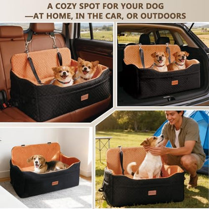 Vivifying Dog Car Seat for Back Seat, Booster Travel Bed for Medium Large Dogs or 2 Small Dogs, 4" Raised Foam Cushion, Safety Leash & Washable Cover, Soft Dog Booster Seat for Cars, Trucks & SUVs