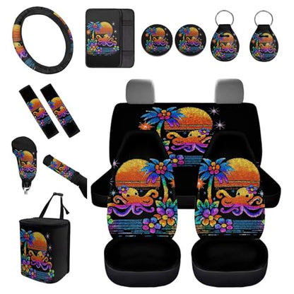 Forchrinse Hawaiian Octopus Car Seat Covers Full Set for Women Men Front Back Seat Cover Steering Wheel Cover Seatbelt Pads Handbrake Gearshift Cover Garbage Can 15Pack Auto Accessories - color: Hawaiian Octopus
