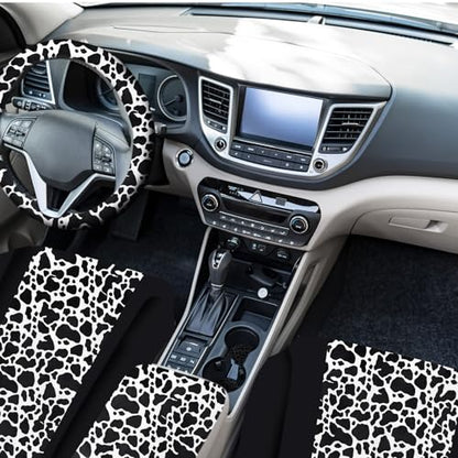 Frienda 17 Pcs Cow Print Car Accessories Set, Includes Seat Covers Set Cow Steering Wheel Cover Armrest Pad Cover Seat Belt Pads Mats Keychain and Wrist Strap for Women Cute Car Interior Decor - style: Cow Print
