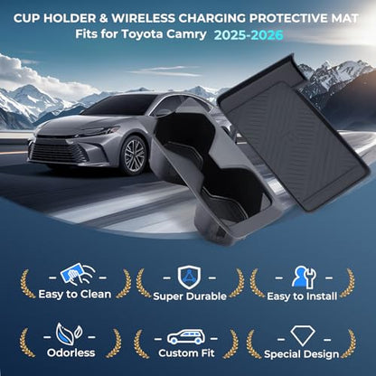 Cup Holder Insert & Wireless Charging Protective Mat for Toyota Camry 2026 2025, Center Console Interior Accessories Cup Holder & Wireless Charger Cover Pad for 2025-2026 Camry, Black - style: Fits for 2025-2026 Camry