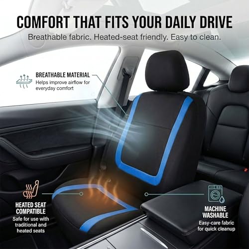 FH Group Car Seat Covers Unique Flat Cloth Full Set Automotive Seat Covers Front Set and Rear Solid Bench Blue Black Seat Covers w. Gift Universal Fit Interior Accessories for Cars Trucks and SUVs - color: Blue