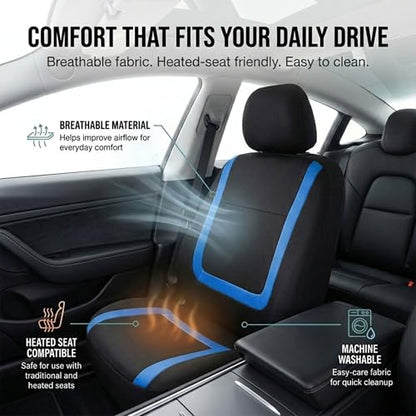 FH Group Car Seat Covers Unique Flat Cloth Full Set Automotive Seat Covers Front Set and Rear Solid Bench Blue Black Seat Covers w. Gift Universal Fit Interior Accessories for Cars Trucks and SUVs - color: Blue